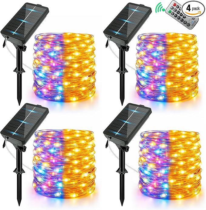 Solar Fairy String Lights 4 Pack Outdoor Remote Total 158FT 480LED Warm Multicolor 11 Mode Solar Powered Waterproof Copper Wire Twinkle String Light for Christmas Garden Tree Wedding Yard Decoration