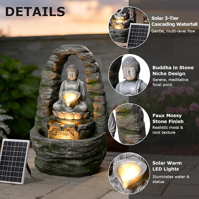 Buddha Solar Water Fountain Outdoor Garden, 27.2" H Cascading Zen Waterfall Solar Power Water Fountain with LED Lights for Backyard, Patio, Porch, Deck, Garden and Home Art Decor