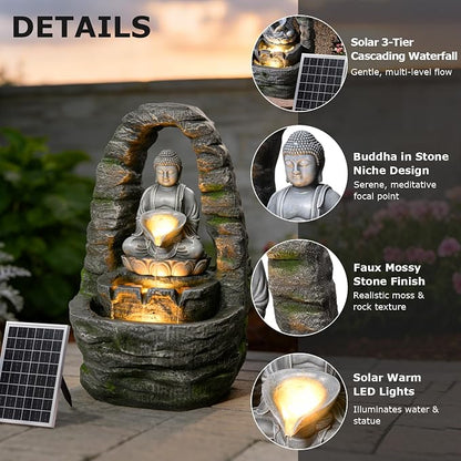 Buddha Solar Water Fountain Outdoor Garden, 27.2" H Cascading Zen Waterfall Solar Power Water Fountain with LED Lights for Backyard, Patio, Porch, Deck, Garden and Home Art Decor