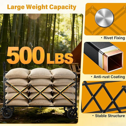 Wagons Carts Foldable,Large Capacity Foldable Wagon Cart Collapsible Wagon with Wheels & Drink Holders,Heavy Duty Utility Folding Cart for Camping Garden Grocery Shopping