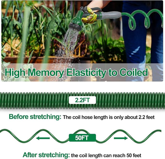 SPECILITE 3/8" Lightweight Coil Garden Hose 50 FT, EVA Flexible Curly Water Pipes with 6-Pattern Spray Nozzle for Boat, Greenhouse, Yard, Patio, Green