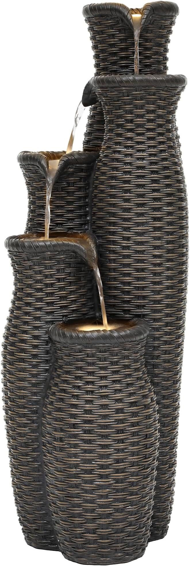33" H Outdoor Water Fountain with LED Lights, Faux Rattan Vase Water Feature with 5-Tier Cascading Waterfall, Durable Polyresin Decor for Tranquil Oasis in Garden, Patio, Yard