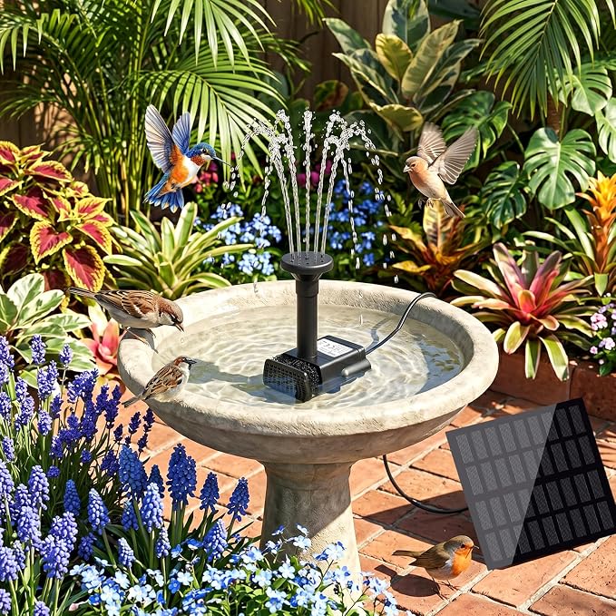 Solar Powered Fountain Pump, DIY Solar Water Pump Kit with 9.84FT Power Cord & 4 Nozzles, 2W Solar Fountain for Bird Bath, Patio, Garden, Small Pond