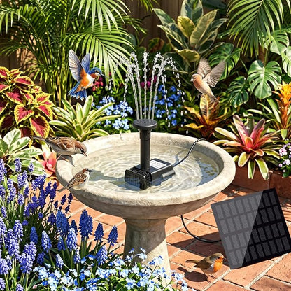 Solar Powered Fountain Pump, DIY Solar Water Pump Kit with 9.84FT Power Cord & 4 Nozzles, 2W Solar Fountain for Bird Bath, Patio, Garden, Small Pond