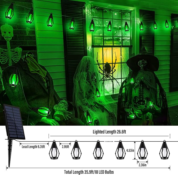 iBaycon 27Ft 10 LED Solar Flame Halloween String Lights, Green | Ultra-Real Flickering Flame Lamp Outdoor Waterproof, Solar Patio String Lights for Garden Yard Lawn Halloween Decorations