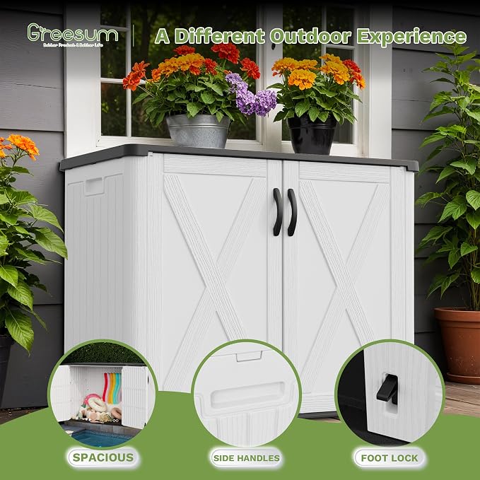 Greesum Outdoor Storage Cabinet, 26 CUFT Deck Box Without Shelves, Waterproof Plastic Storage Shed for Patio Cushions, Gardening Tools, Sidehandles and Lockable, UV Resistant, White