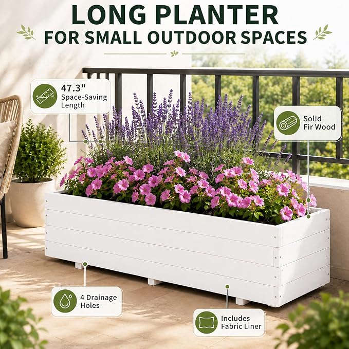 Fir Wood Raised Garden Bed Rectangular Planter for Outdoor Tomato Planter | For Herbs & Flowers Garden Includes Fabric Planter Liner, 4 Drainage Holes