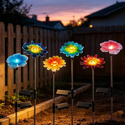 6 Pack Solar Garden Lights Outdoor Decor,Stake Yard Figurine Colorful Flower Light, Housewarming Ornament for Patio, Lawn, Yard, Pathway (Art Deco)
