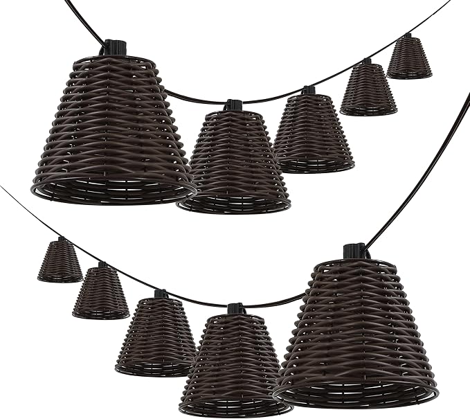 JONATHAN Y 10' Dark Brown 10-Light Indoor/Outdoor LED String Lights for Patio, Classic Cottage Faux-Rattan Shaded Hanging Lights for Balcony, Deck, Coastal Decor (JYL8706C)