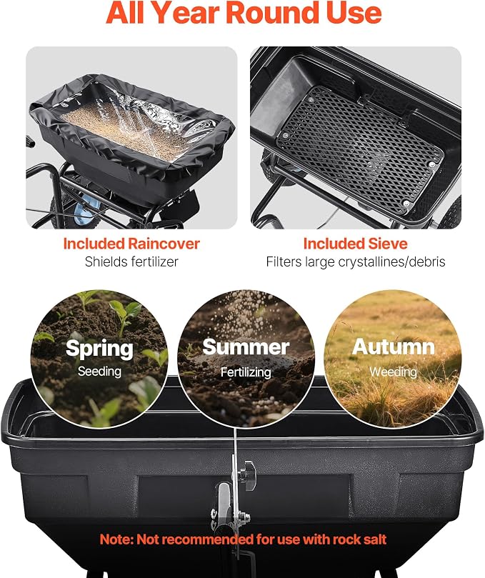 VEVOR Tow Behind Broadcast Spreader, 130LBS Capacity, Tow/Push Garden Spreader with 13 in Tires, 30 Adjustable Setting & 9.8 ft Spreading Width, Lawn Spreaders for Seed, Fertilizer, Salt, Ice Melt