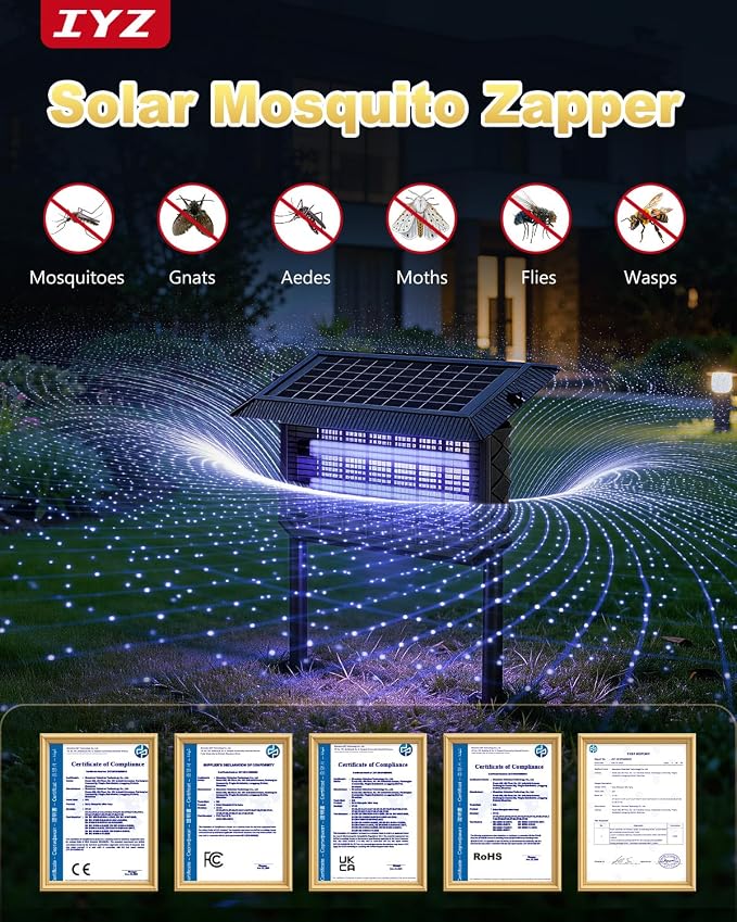 Solar Bug Zapper Outdoor,Solar Powered Bug Zapper Solar Mosquito Zapper Cordless Fly Trap with Dual Power & 6000mAh Battery, Solar Mosquito Zapper Outdoor for Backyard, Patio, Garden, RV, Camping