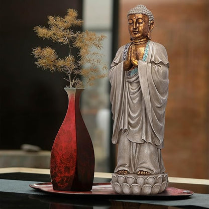 Design Toscano Bodh Gaya Asian Garden Statue, 9 inches wide, 30 inches tall, Cast Stone Resin, Faux Stone & Metallic Finish