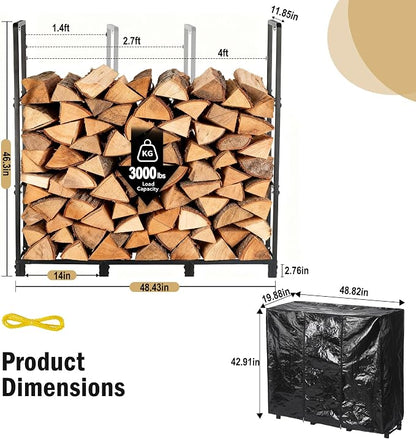 facka 48inch Firewood Rack Outdoor with Cover, Metal Wood Rack | Iron Fire Log Stacker Holder for Fireplace, Patio, Porch, Yard, Garden, Indoor Outdoor Wood Storage
