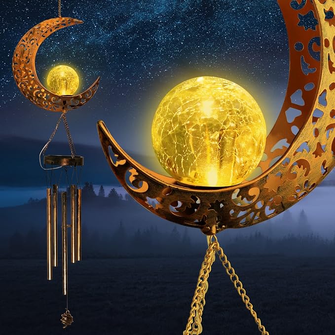 Moon Solar Lights Wind Chimes for Outside Gift for Women,Mom and Grandma Birthday Gifts Large Decor Windchimes Outdoors Gardening Gift for Outdoor Patio Yard Porch Solar Moon Night Lights