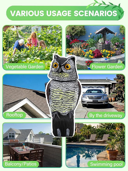 Owl Decoys to Scare Birds Squirrels Away, 360 Rotating Head Activated, Fake Owl Statues Repellent Pest Hawk Squirrel Cats Chickens Pigeon Bird Deterrents for Outside Garden Patios Backyard