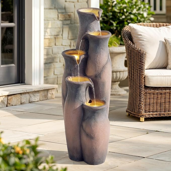 33" H Outdoor Water Fountain with Lights, 5-Tier Faux Terracotta Vase Waterfall, Rustic Cracked Stone Finish Resin Cascading Waterfall Feature with Tranquil Oasis for Garden, Patio, Yard, Porch