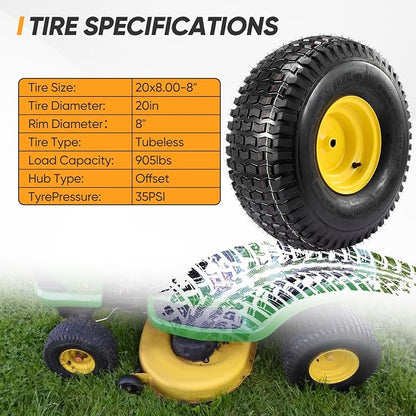 2PCS 20x8.00-8 Rear Tire and Wheel Assemblies, 3/4" Borehole, 3.5" Offset Hub and 3/16" Keyway, 4 Ply, 905lbs Capacity, Replacement for Riding Lawn Mowers