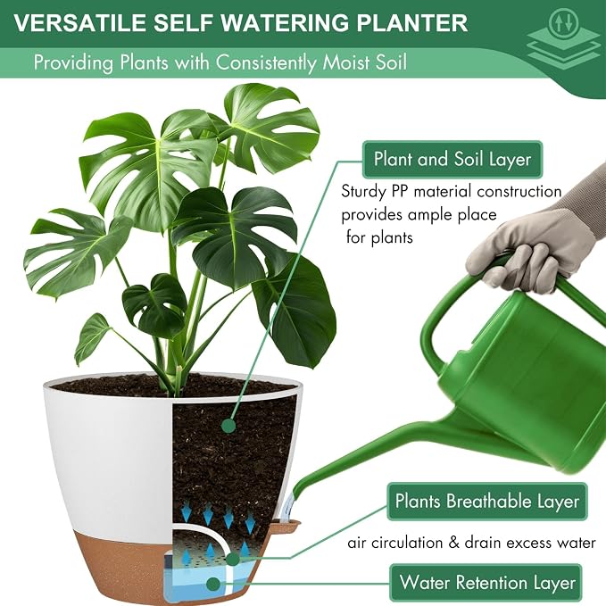 5-Pack Self Watering Flower Pots for Indoor Plants, 10/9/8/7/6.5Inch PP Plastic Plant Pots Indoor with Drainage & Water Level Indicator, Indoor Planters with Drainage, Self Watering Planters, White