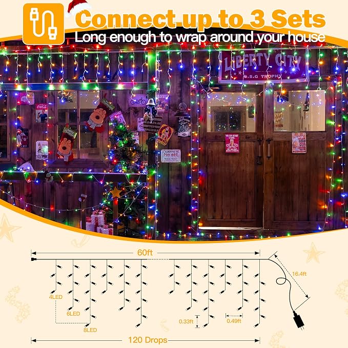 Ollny Icicle Lights for Outside 720LED 60FT, Multicolor Christmas Lights with Remote 8 Modes Dimmable, Waterproof Connectable Timer Hanging Light for House Outdoor Yard Indoor Decorations