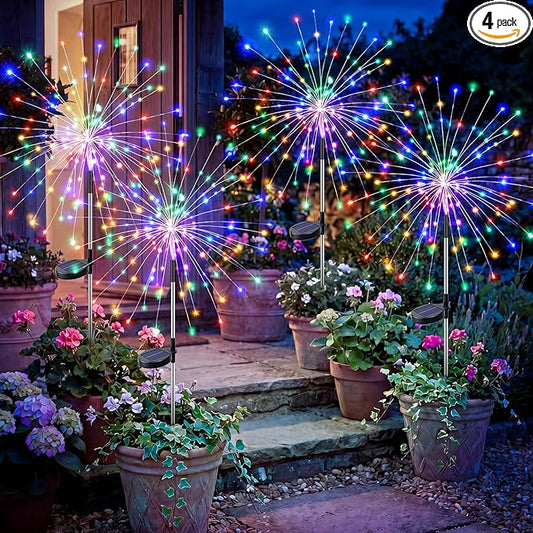 btfarm 4 Pack Solar Garden Lights Outdoor 8 Modes, 120 LED Firework Lights Solar Powered, Waterproof Twinkle Fairy Light Outside for Yard Pathway Lawn Pool Patio Christmas Decorative, Multicolor