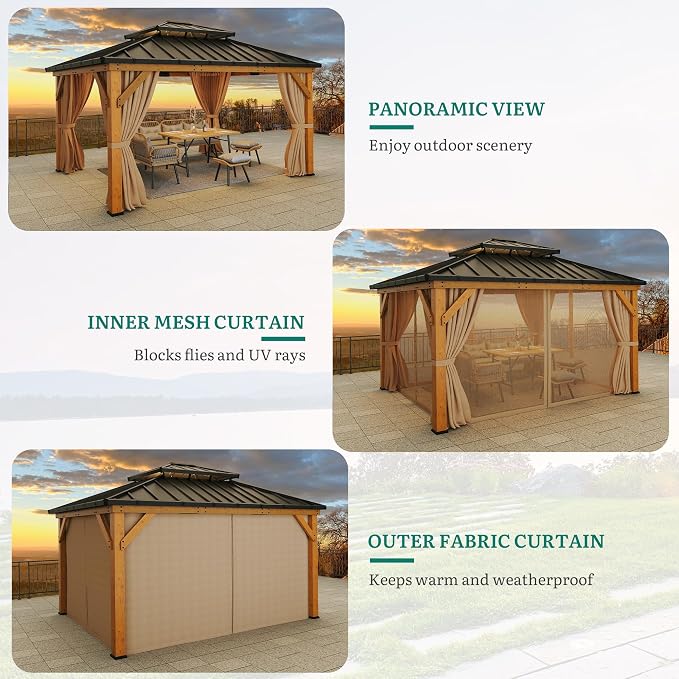 YITAHOME 13x15ft Wood Gazebo Outdoor Wooden Frame Double Roof Hardtop | Galvanized Steel Top Canopy w/Curtain and Netting, Patio Heavy Duty Gazebo for Deck, Backyard, Beige Yellow