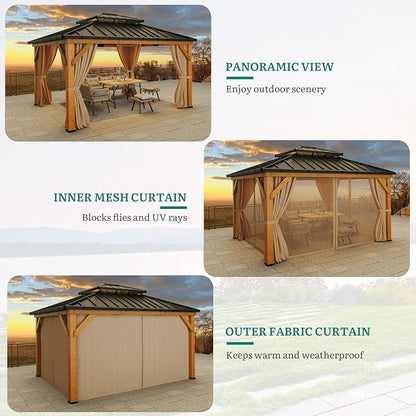 YITAHOME 13x15ft Wood Gazebo Outdoor Wooden Frame Double Roof Hardtop | Galvanized Steel Top Canopy w/Curtain and Netting, Patio Heavy Duty Gazebo for Deck, Backyard, Beige Yellow