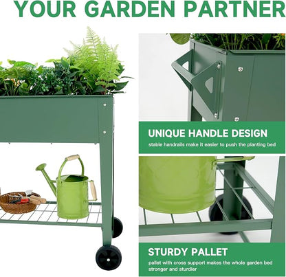 Raised Garden Bed with Legs and Wheels, Metal Outdoor, Green | Steel Frame, 400lb Capacity, 32in Tall No Bending, 2 Large Wheels, Bottom Shelf, Drainage Holes, Herb Vegetable Planter Box
