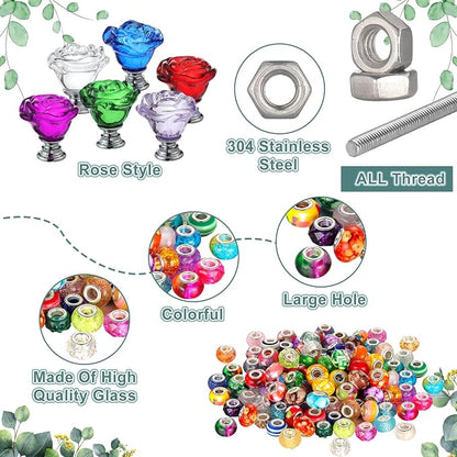 Tigeen 236 Pcs Garden Stake DIY Fairy Wand Plant Stake with 12 Colorful Crystal Stopper Top 12 Threaded Rod with 200 Large Hole Bead for Spring Summer Holiday Outdoor Decorations(Rose Flower)