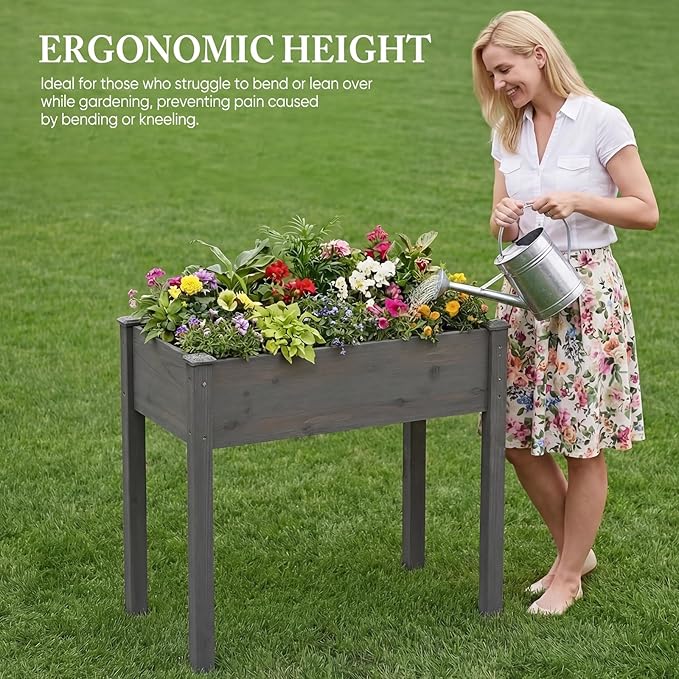 DUMOS Raised Garden Bed 34x18x30 Inch, Outdoor Planter Box with Legs, Elevated Wood Garden Bed with Liner for Herbs Flowers Vegetables, Wooden Planter Box for Patio, Balcony, Backyard, Grey