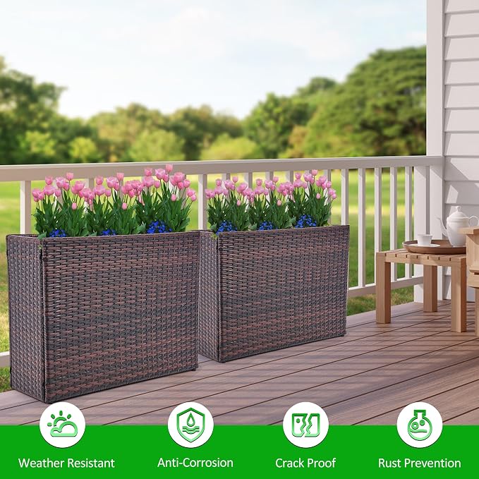 HPC Decor 32.5" Tall Planters,Plastic Planter for Outdoor Plants Handmade Wicker Large Rectangular Block Planter Box with Removable Liners, Modern Planter for Indoor Outdoor Patio Porch Deck. (Brown)