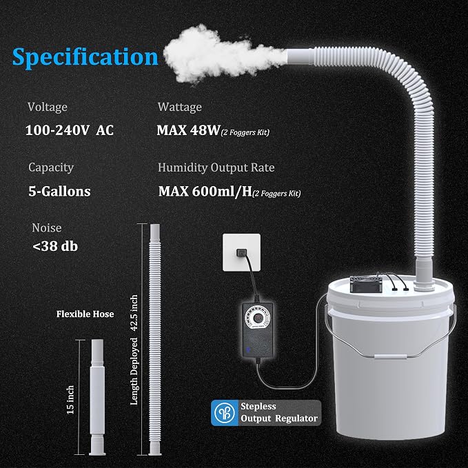 19L Large DIY Humidifier Kit - for Plants, Mushrooms, Grow Tents, Terrarium | Turns a 5 Gallon Bucket into Cool Mist Humidifier, Extendable Hose, High Output, Long Runtime (2-Fogger, Double Mist)