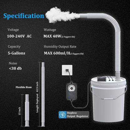 19L Large DIY Humidifier Kit - for Plants, Mushrooms, Grow Tents, Terrarium | Turns a 5 Gallon Bucket into Cool Mist Humidifier, Extendable Hose, High Output, Long Runtime (2-Fogger, Double Mist)