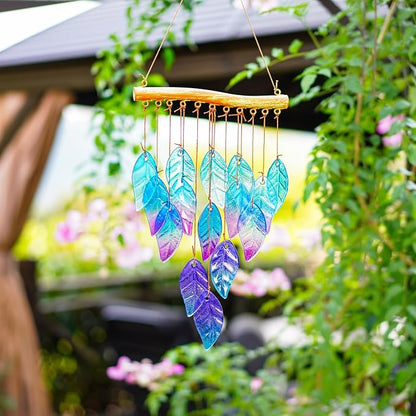 YU FENG 12.5 Inch Handmade Stained Glass Leaf Wind Chimes Window Decor | Unique Glass Chimes, Indoor Outdoor Hanging Ornament, Leaf Pattern Decoration for Patio Backyard Home