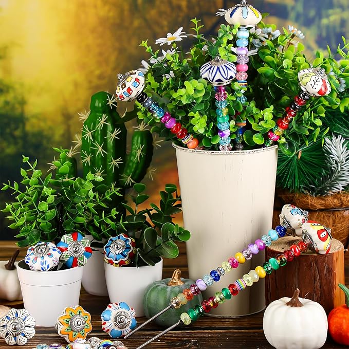Tigeen 236 Pcs Garden Stake DIY Fairy Wand Plant Stake with 12 Colorful Crystal Stopper Top 12 Threaded Rod with 200 Large Hole Bead for Spring Summer Holiday Outdoor Decorations(Mushroom and Pumpkin)