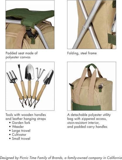 Picnic TIME Star Wars The Mandalorian Grogu Gardener Folding Seat with Tools, 5 Piece Garden Tool Set with Folding Stool and Detachable Tote Organizer, (Olive Green with Beige Accents)