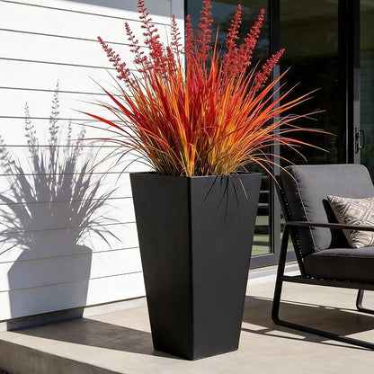 KOL Planters for Outdoor Plants, 28 Inch Tall Black Flower Pots 2 Pack, Large Plastic Plant Pots with Drainage Hole and Dual-Purpose Tray, Decorative Indoor Planter for Front Porch Patio Garden