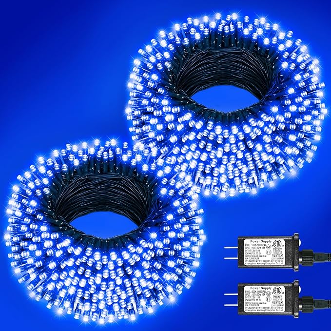 2 Pack Christmas Lights Outdoor, Total 200FT 600 LED Christmas Tree Lights Indoor Waterproof, 8 Modes Plug In Connectable String Lights for Outside Patio Garden Party Holiday Decorations, Blue