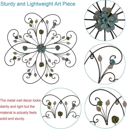 Phaxth 24" Metal Flower Wall Art Decor with Rust Leaf, Large Scroll Outdoor Wall Art Decor