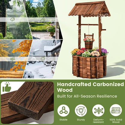 54" Outdoor Wooden Wishing Well Planter with Colorful LED Lights | Rustic fir wood decor with 11 light modes, 3 timer settings, adjustable bucket, drainage base, and liner for patio or yard
