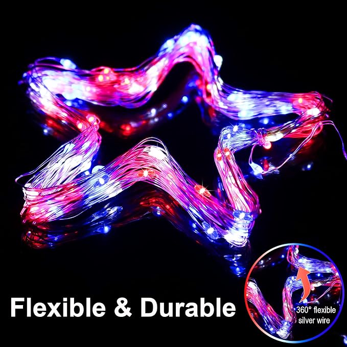 4th of July Patriotic Decorations, Red White Blue Solar Fairy String Lights Outdoor Waterproof, 2Pack Total 200LED 66Ft, IP67 8 Modes Outside for Memorial Day, Garden, Patio, Yard