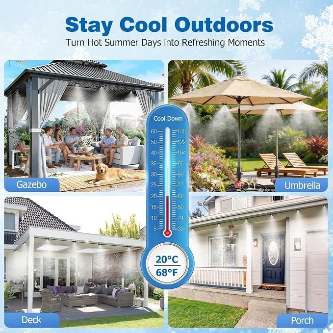 Mellbree Misters for Outside Patio 60FT/18M, Pre-Assembled Misting Cooling System with 19 Brass Nozzles & 3/4" Adapter, Outdoor Mister for Garden, Backyard, Pool, Greenhouse, Play Area, Trampoline
