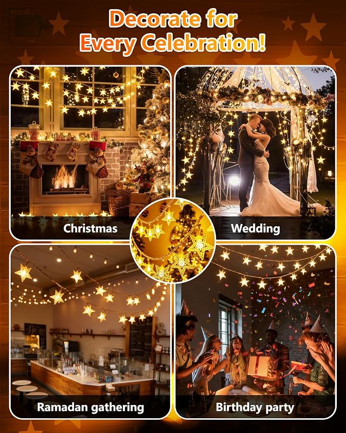 Twinkle Star 100 LED Star String Lights Plug in 33FT, Warm White | Plug In, Waterproof, Indoor Outdoor Use, Bedroom Wedding Party Ramadan Christmas Decor