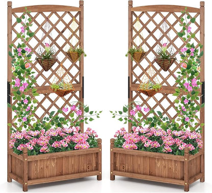 Giantex Raised Garden Bed with Trellis Set of 2, 60” Wooden Planter Container w/Drainage Holes, High Trellis for Plant Flower Climbing Pot Hanging, Indoor Outdoor Planter Box for Yard Garden Balcony
