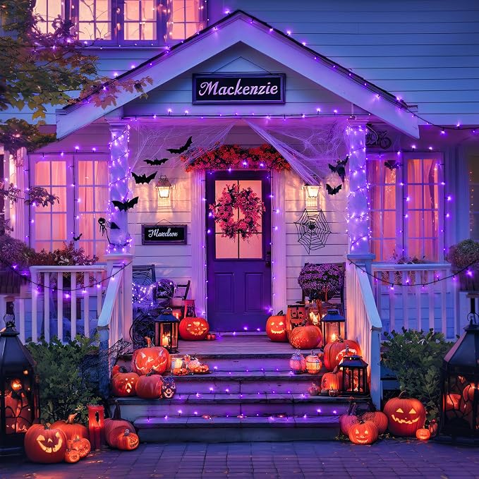 JMEXSUSS 2 Pack Solar Halloween Lights, Total 66 FT 200 LED, Purple | Outdoor Waterproof, 8 Modes Solar String Lights for Outside Patio Christmas Tree Garden Yard Halloween Decorations