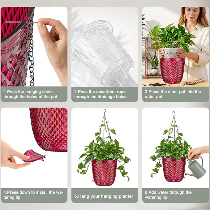 QCQHDU Hanging Planters for Indoor Plants, 2-Pack, 7.2 Inch, Red | Plastic, Self Watering Plant Hanger, with Drainage Holes, 3 Hooks Chains, For Garden Home