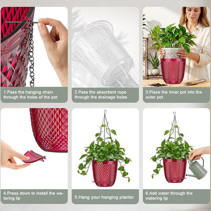 QCQHDU Hanging Planters for Indoor Plants, 2-Pack, 7.2 Inch, Red | Plastic, Self Watering Plant Hanger, with Drainage Holes, 3 Hooks Chains, For Garden Home