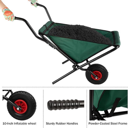 Folding Wheelbarrow - Collapsible Garden Cart with 80lb Capacity, Storage Pouches, and Padded Handles - Wheelbarrows for Lawn Care by Pure Garden (Green)