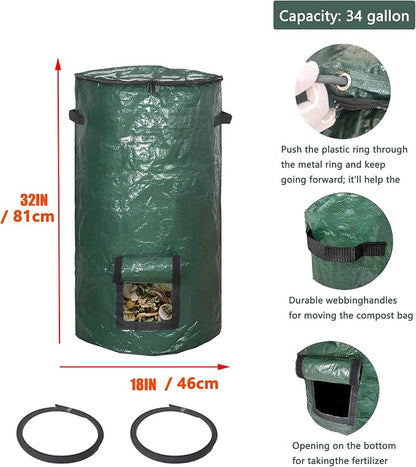 Compost Bin Bags 34 Gallon, Garden Compost Bags Outdoor Reusable,Organic Waste Garden Yard Compost Bag Collapsible Leaf Lawn Bags Gardening Container (Green 1pc)