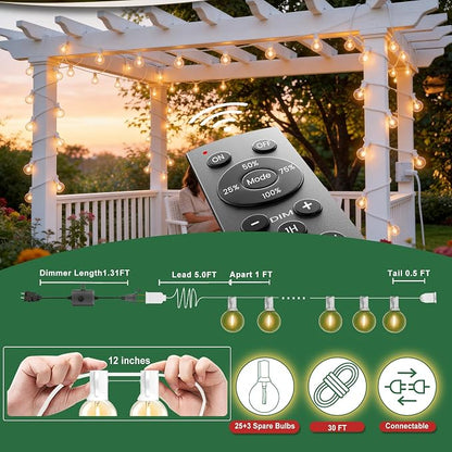 Outdoor-String-Lights with Remote 30FT Waterproof lights for Outside Patio | 12 inch Spacing,White Cord String Lights,Connectable Dimmable Patio Lights with Remote,Timer,3 Modes for Backyard, Bistro