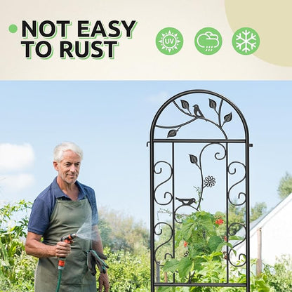 4-Pack 87" x 20" Bird and Daisy Arch Black Metal Garden Trellises | Set of 4 rust-resistant trellises with bird, daisy, leaf, and scrollwork details, spikes, and support for roses or vines